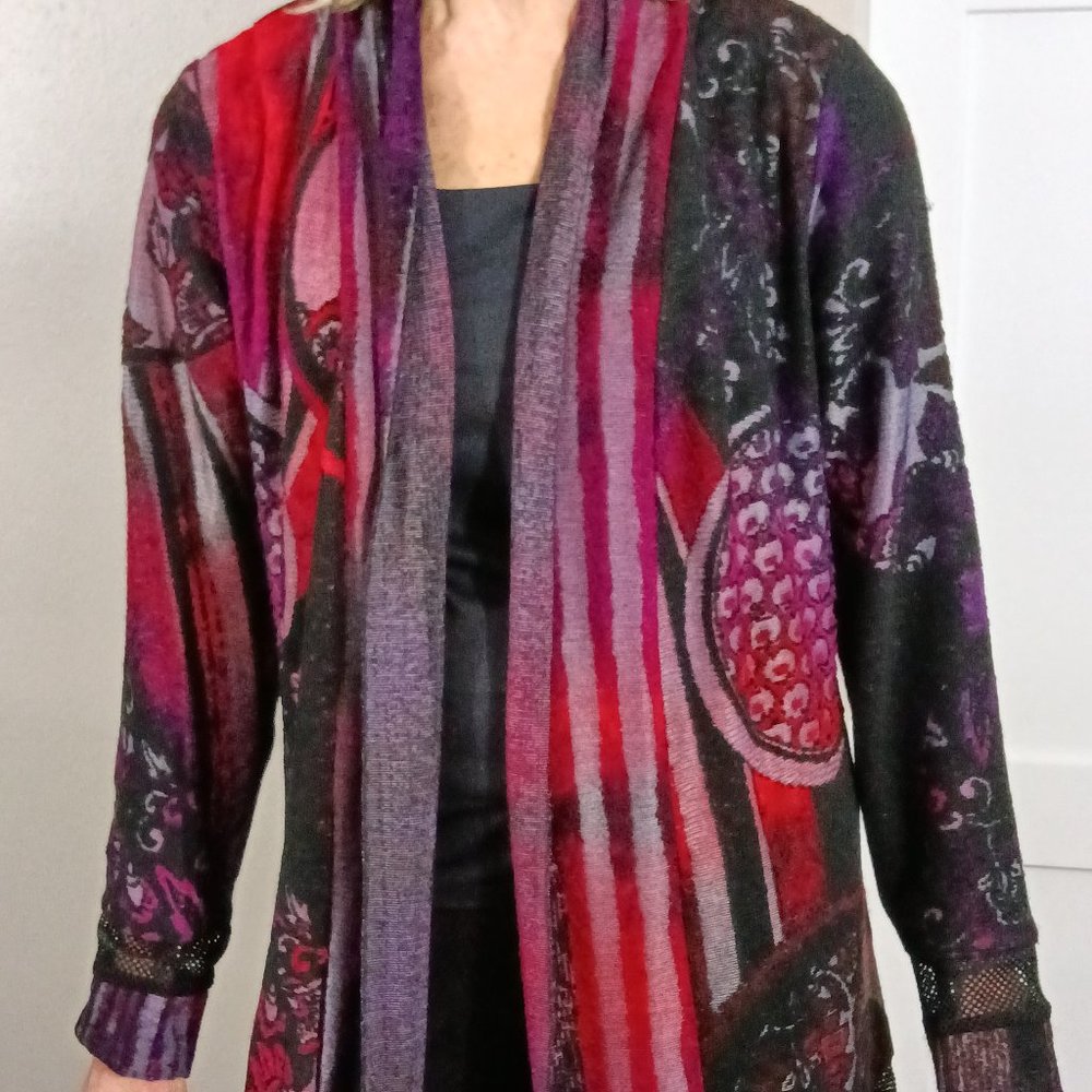 A new Kamana open front long cardigan in a rich tapestry print